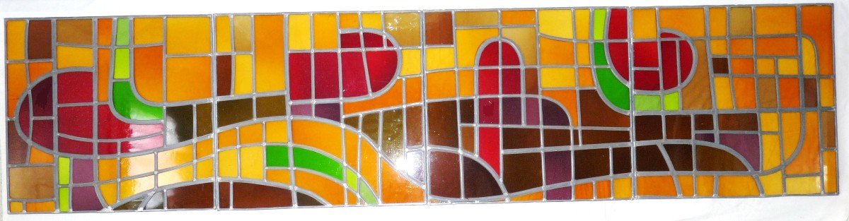 Large Abstract Stained Glass Window Circa 1965 Attributed To Frantz Kinnen-photo-4