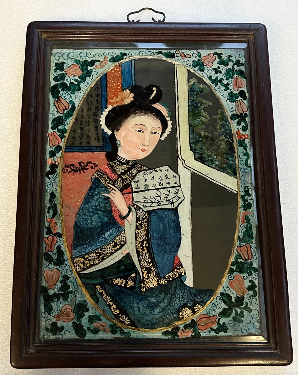 Grande Peinture Sur Verre Inversé Chine Dynastie Qing Circa 1880-photo-4