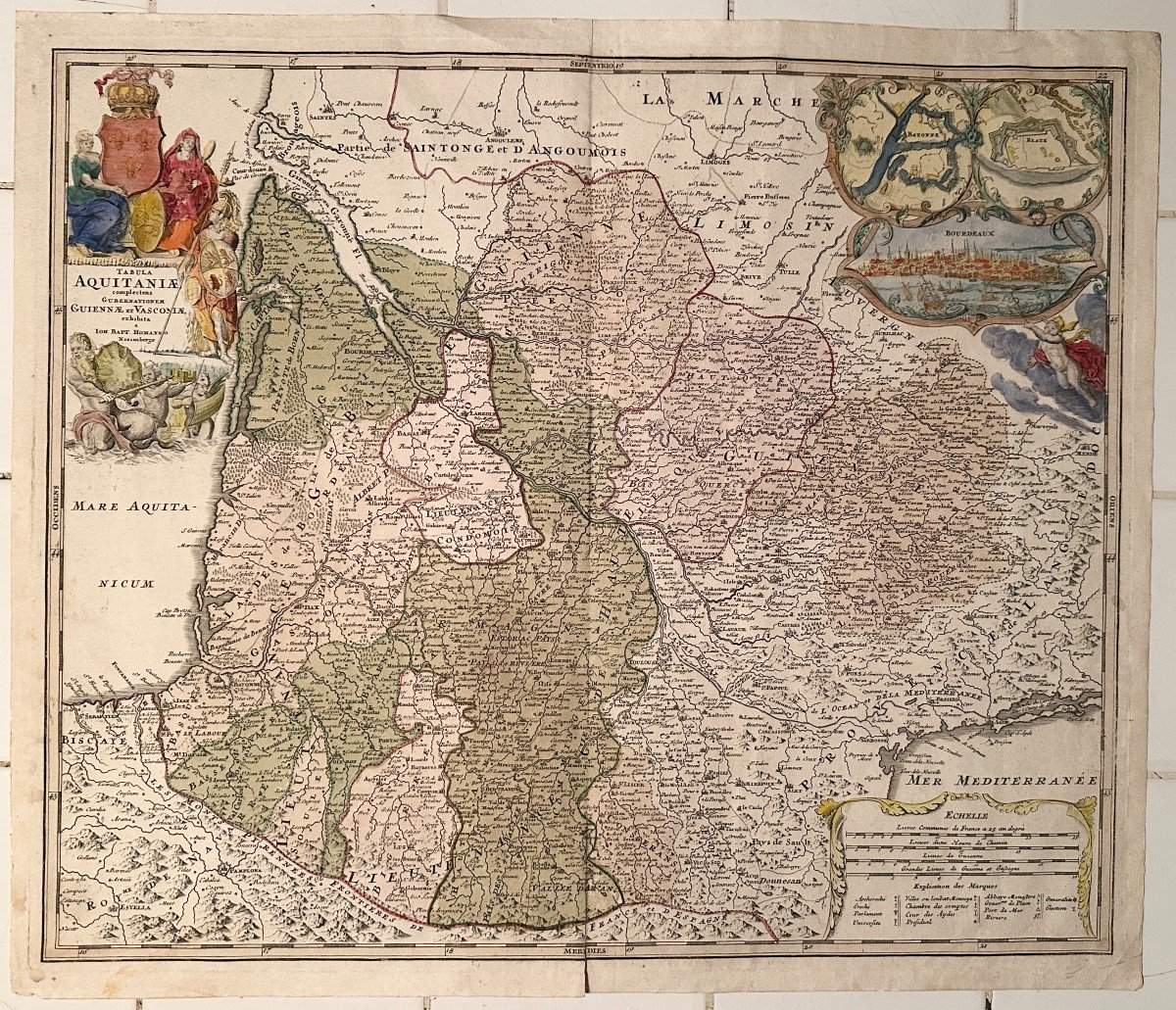 Carte d'Aquitaine Par Johann Baptist Homann Datant Des Années 1720 à Nuremberg