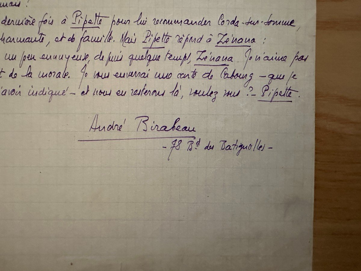 André Birabeau Original Autograph Manuscript Of "pipette Et Zénana" Circa 1920 Signed And Located-photo-3