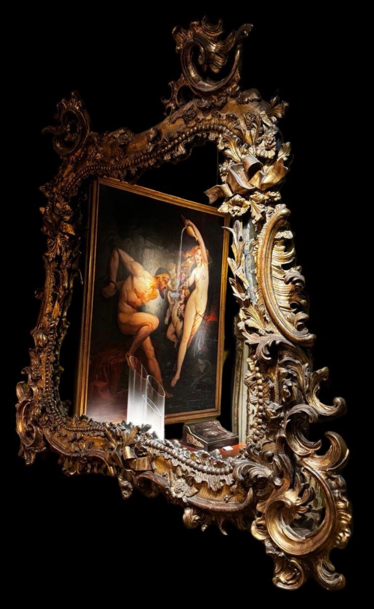 Monumental Miroir Baroque En Bois Et Stuc Doré XIXe Siècle-photo-2