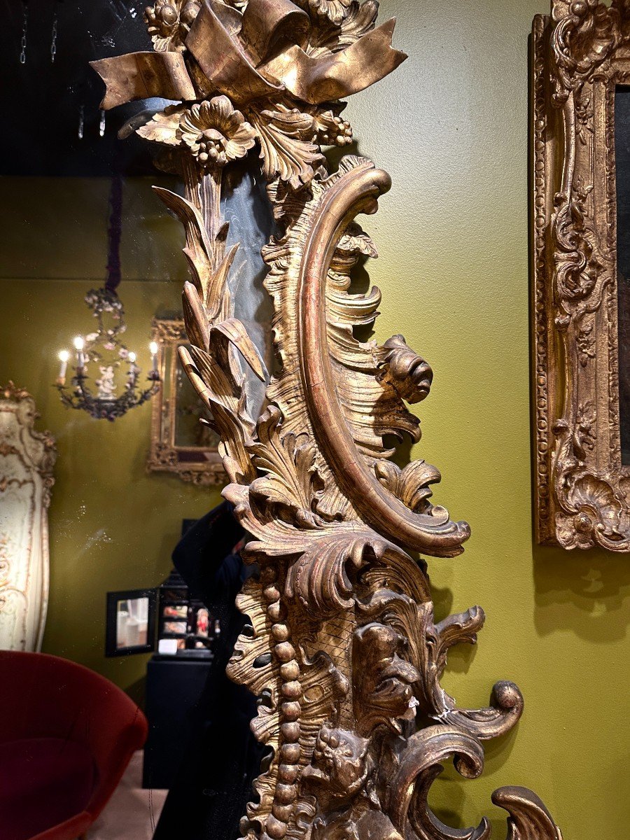 Monumental Miroir Baroque En Bois Et Stuc Doré XIXe Siècle-photo-3