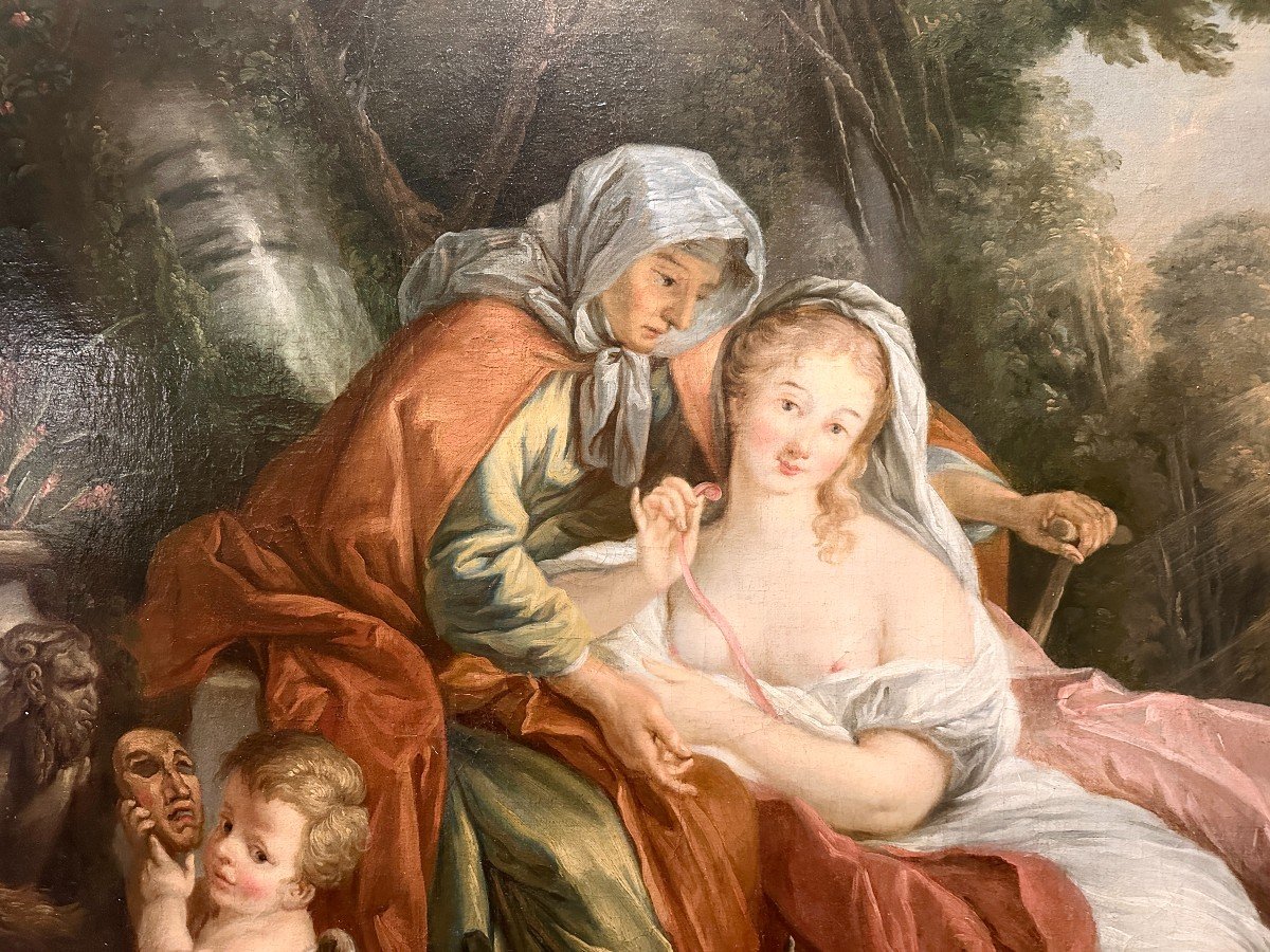 "vertumne And Pomona" Large Oil On Canvas 18th Century In Beautiful Frame Also 18th Century  -photo-2