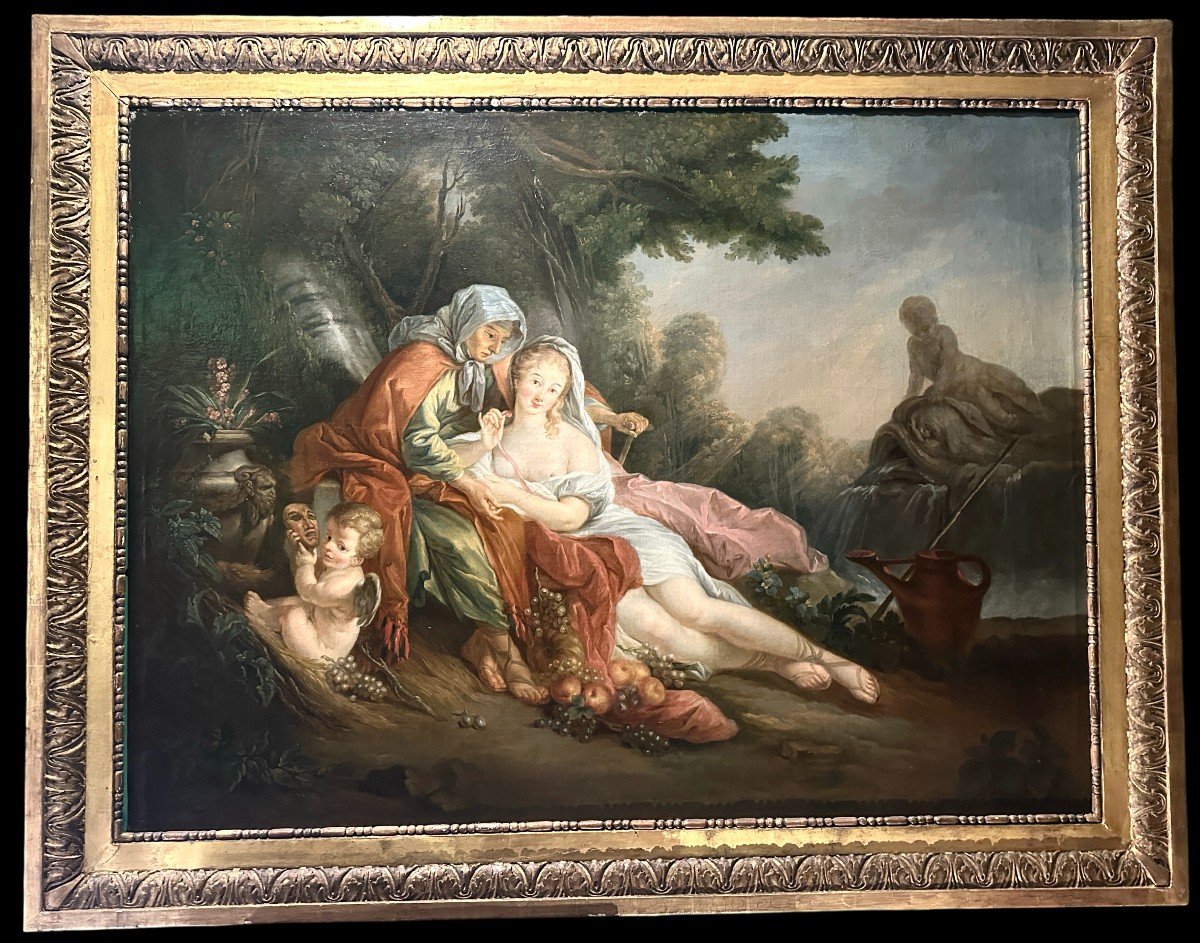 "vertumne And Pomona" Large Oil On Canvas 18th Century In Beautiful Frame Also 18th Century  