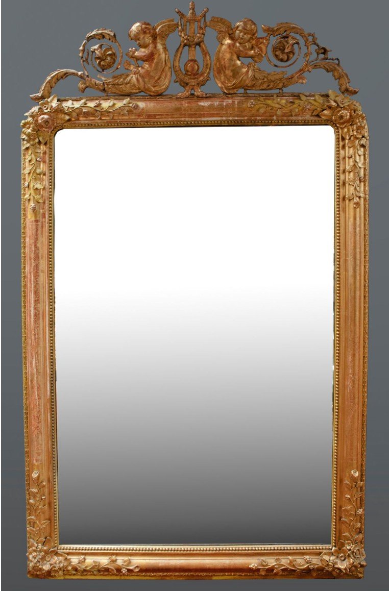 Very Large Pair Of Gilded Mirrors With Cherubs And Lyre, 19th Century-photo-2