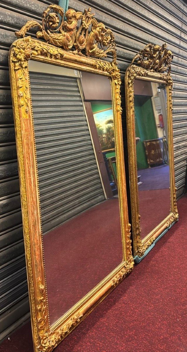 Very Large Pair Of Gilded Mirrors With Cherubs And Lyre, 19th Century-photo-3