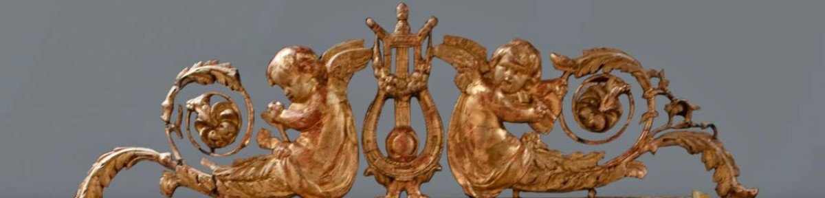 Very Large Pair Of Gilded Mirrors With Cherubs And Lyre, 19th Century-photo-4