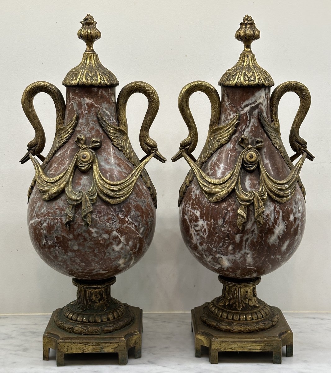 Large Pair Of Bronze And Marble Cassolettes, Napoleon III Period-photo-4