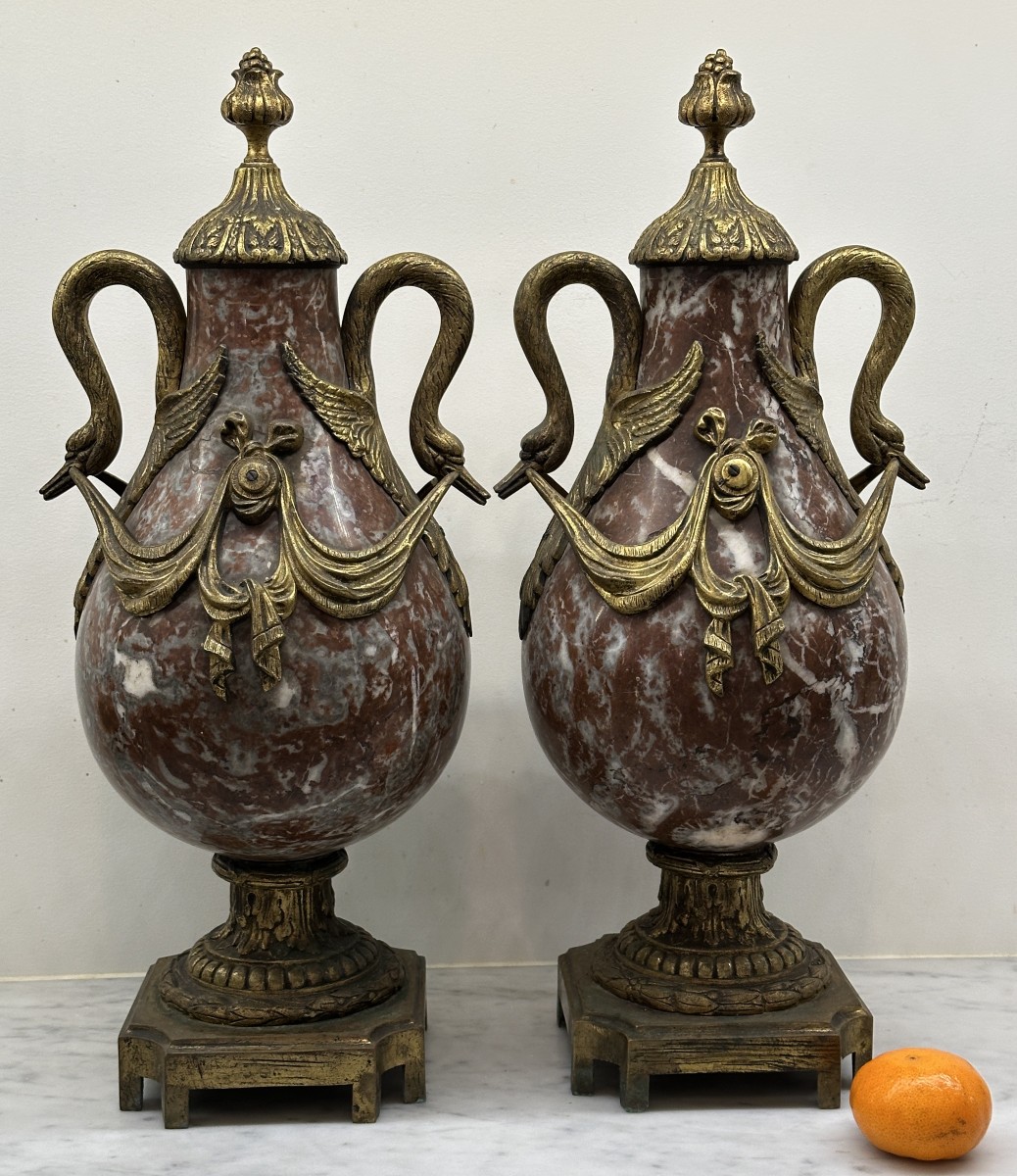 Large Pair Of Bronze And Marble Cassolettes, Napoleon III Period