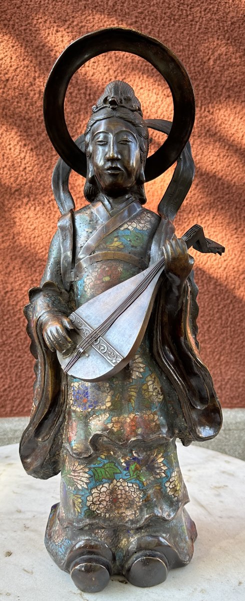 Large Geisha Statuette In Bronze And Cloisonné Enamels Japan Late 19th Early 20th Signed -photo-3