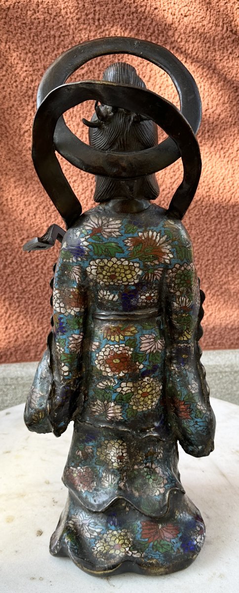 Large Geisha Statuette In Bronze And Cloisonné Enamels Japan Late 19th Early 20th Signed -photo-4