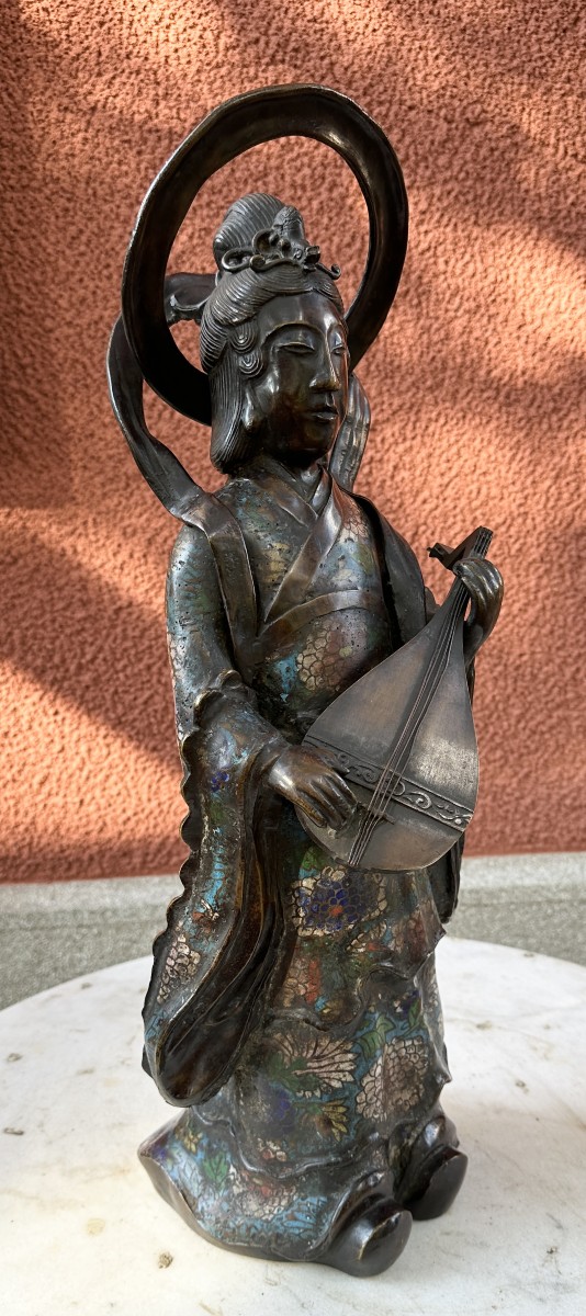 Grande Statuette De Geisha En Bronze Et émaux Cloisonnés Japon Fin 19e Début 20e signée -photo-8