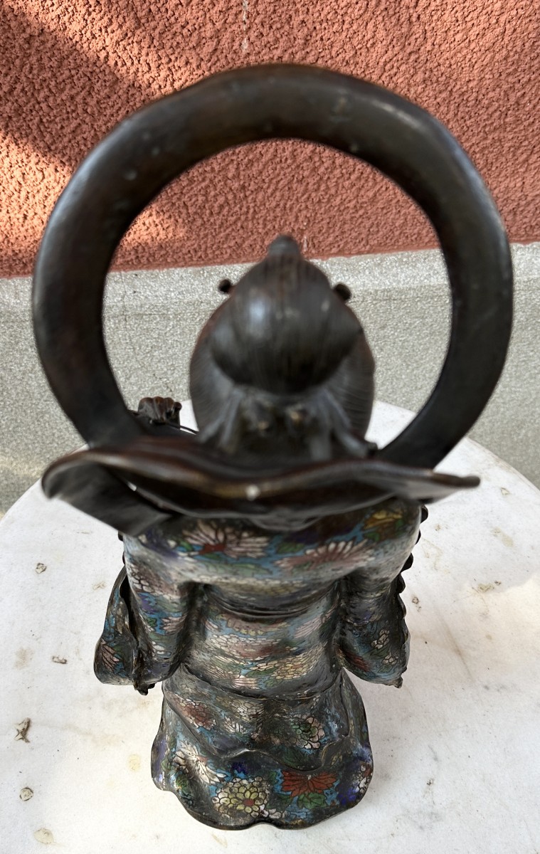 Large Geisha Statuette In Bronze And Cloisonné Enamels Japan Late 19th Early 20th Signed -photo-4