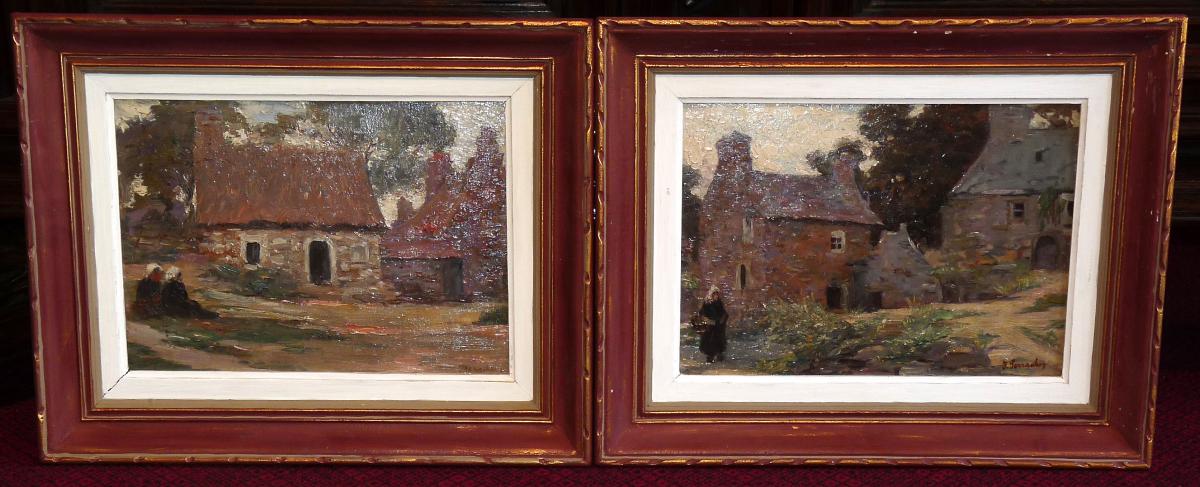 Pair Paintings Signed Joseph Perrachon And Located In Brittany