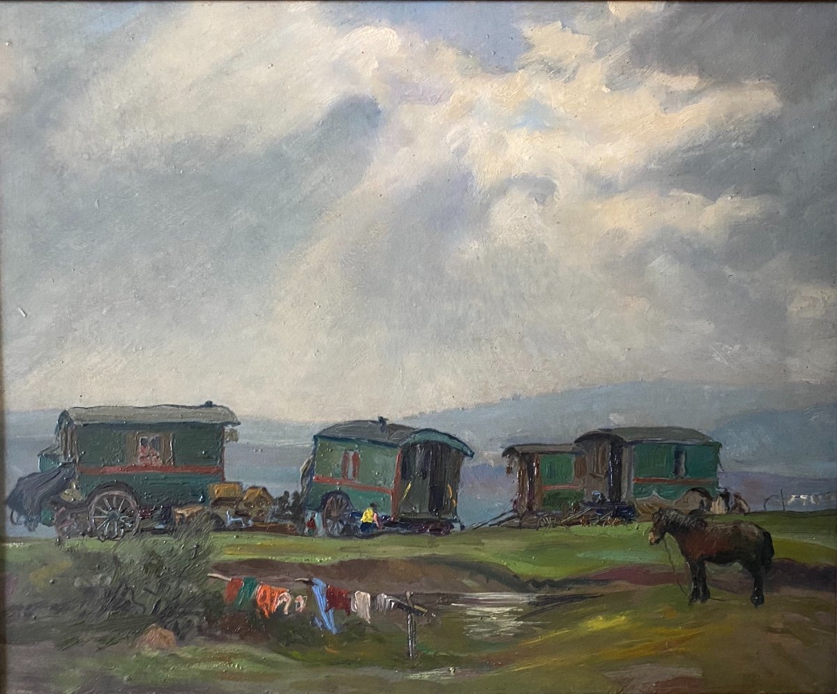 Beautiful Painting French School 1940 Representing A Gypsy Camp-photo-4