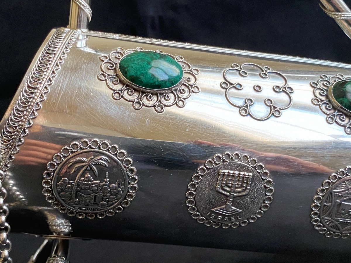 Judaica Porte-bouteille Argent Massif Avec Pierres d'Eilat Et Verre De Kiddouch Argent Massif  -photo-3