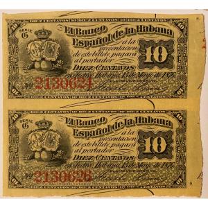 Planche Non Coupé De 2 Billets De 10 Centavos Du 15 Mai 1876 Banco Español De La Habana à Cuba 