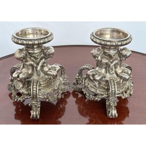 Very Fine Pair Of Silver-plated Bronze Putti Cups Circa 1850 In The Style Of Christofle