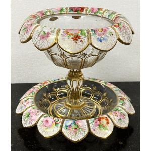 Rare And Large Cup And Saucer In Enameled And Gilded Bohemian Crystal, 19th Century 