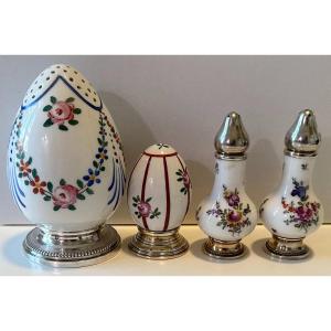 3 Antique Salt Shakers And A Shaker In Minerva Silver And Porcelain