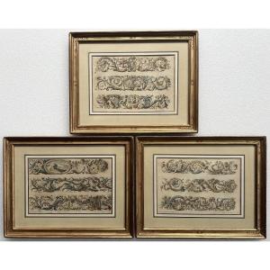 Jean Le Pautre 3 Original Proofs Circa 1680 Architectural Ornaments With Gilded Frames