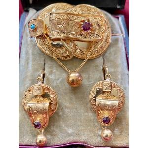 Rare Set Of Gold Earrings And Brooch, 19th Century Spain Or Portugal