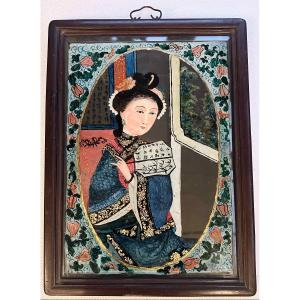 Large Reverse Glass Painting China Qing Dynasty Circa 1880