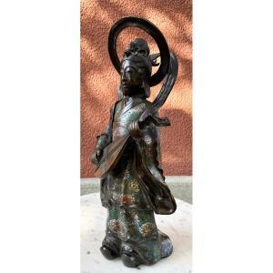 Grande Statuette De Geisha En Bronze Et émaux Cloisonnés Japon Fin 19e Début 20e signée 