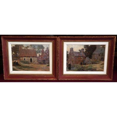 Pair Paintings Signed Joseph Perrachon And Located In Brittany