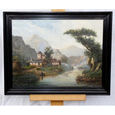 Ecole Suisse époque XIXe - Peinture à l'Huile Sur Toile - Paysage