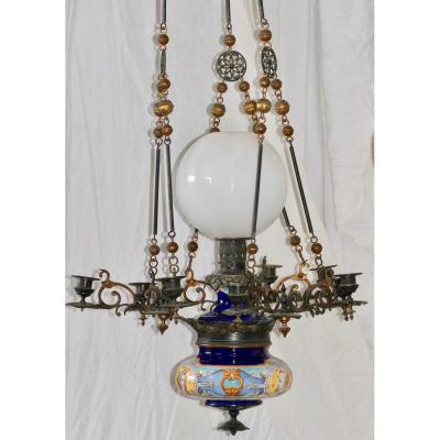 Grande Suspension à Pétrole En Faience De Gien époque 1880 Signée Dominique Grenet 