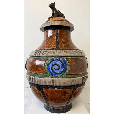 Monumental Ceramic Signed By Thomas Frey Large Covered Vase 1987 Decor Au Chat
