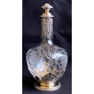 Very Beautiful Decanter In Cut Crystal And Sterling Silver Vermilion Napoleon III Period