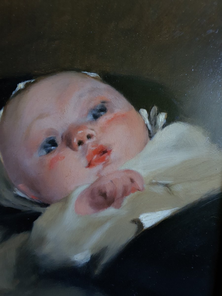 Louis Deschamps (1842+1902) Portrait Of Newborn Oil On Panel Painting XIX Painting-photo-2