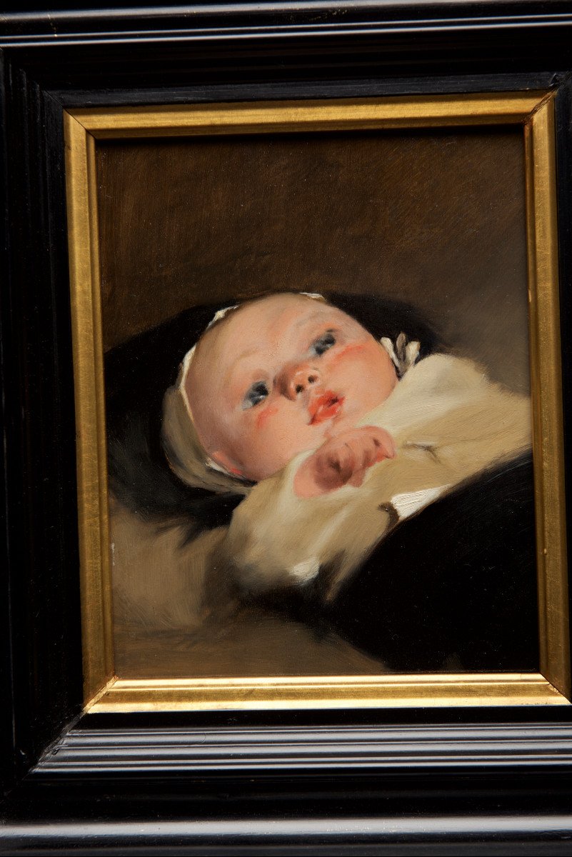 Louis Deschamps (1842+1902) Portrait Of Newborn Oil On Panel Painting XIX Painting-photo-3