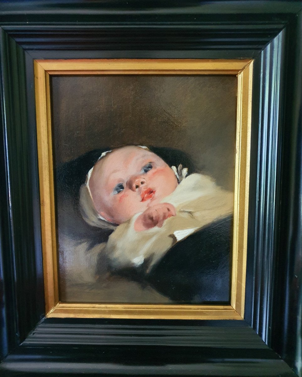 Louis Deschamps (1842+1902) Portrait Of Newborn Oil On Panel Painting XIX Painting
