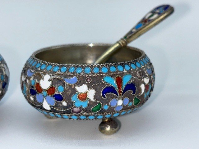 Paire De Salerons Russes En Argent Massif Cloisonnés Signés D.nikitine-photo-6