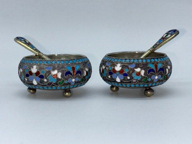 Paire De Salerons Russes En Argent Massif Cloisonnés Signés D.nikitine-photo-7