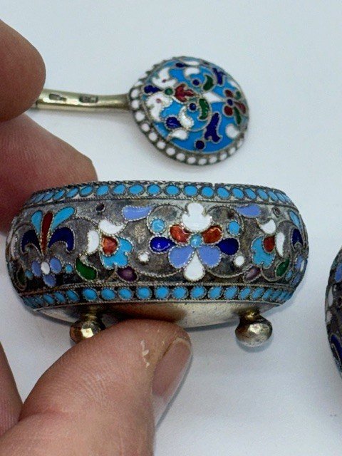 Paire De Salerons Russes En Argent Massif Cloisonnés Signés D.nikitine-photo-8