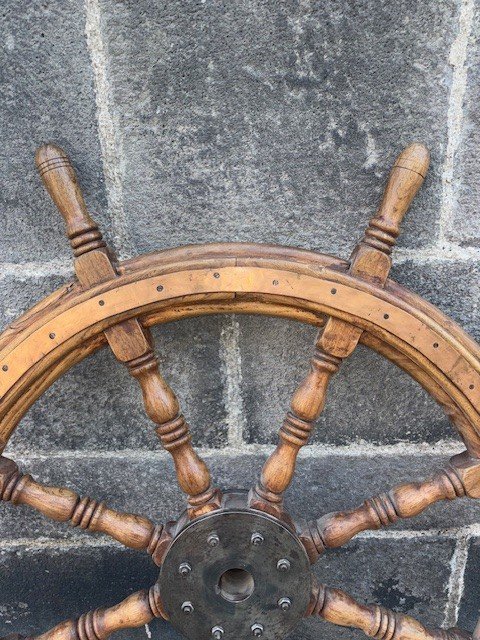 Old Boat Wheel, Rudder Bar, Steering Wheel, Wooden 20th Century-photo-3