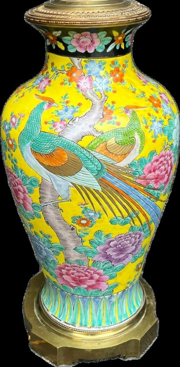 Yellow Vase Mounted In Japanese Porcelain Mounted In Lamp 19th Century-photo-3