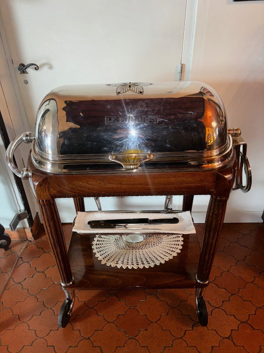 Hot Table, Mahogany And Silver Metal Rolling Cart L.bouillet-bourdelle Goldsmiths-photo-4