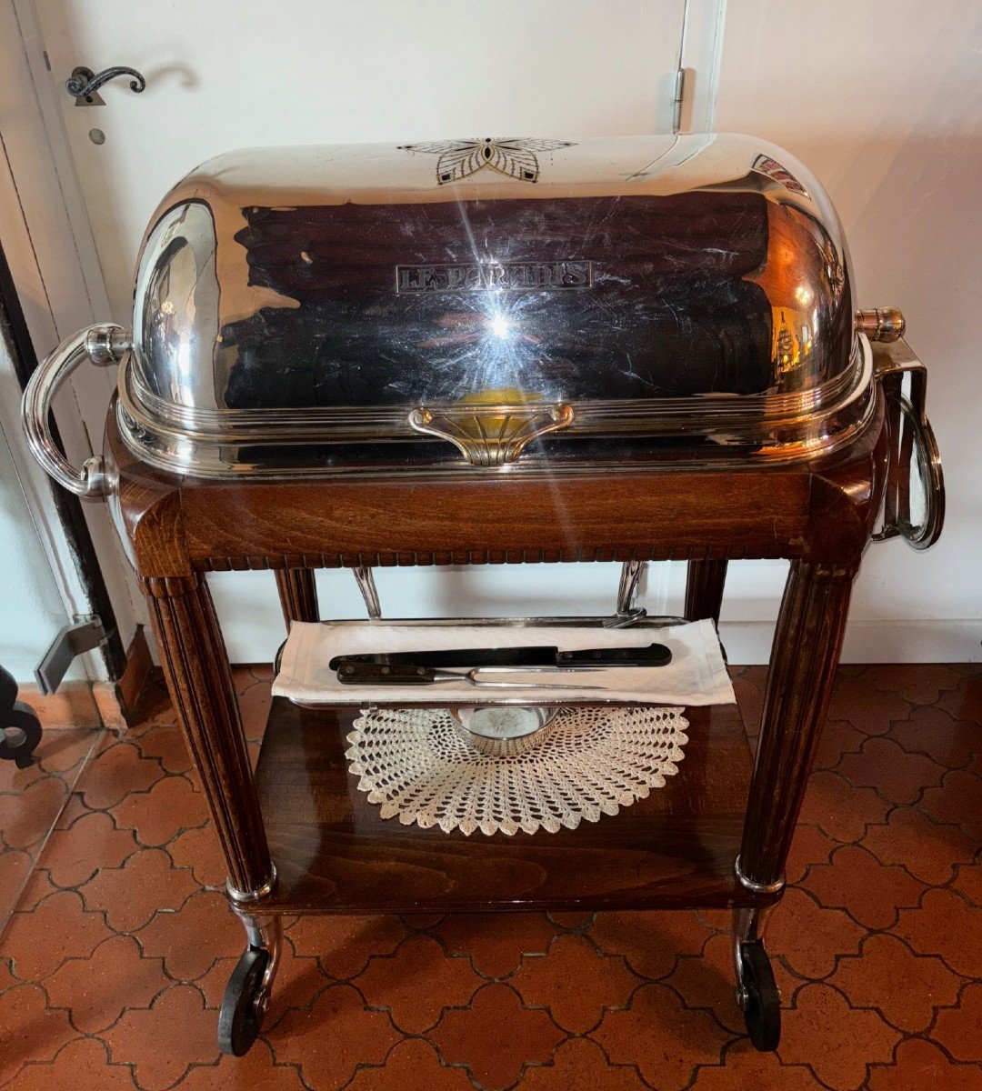 Hot Table, Mahogany And Silver Metal Rolling Cart L.bouillet-bourdelle Goldsmiths