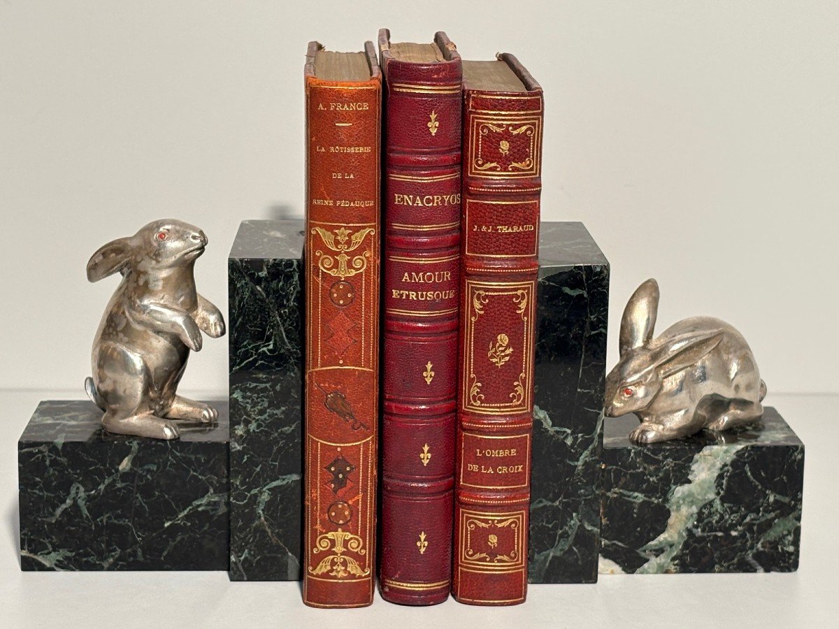 Rare Pair Of Silver-plated Bronze Bookends Signed Marcel Guillemard No. 28-photo-4