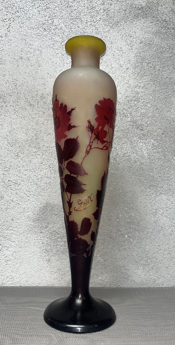 Large Soliflore Vase By Emile Gallé With Wild Rose Decor