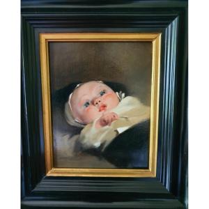 Louis Deschamps (1842+1902) Portrait Of Newborn Oil On Panel Painting XIX Painting