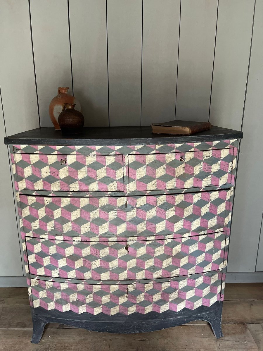 19th Century Chest Of Drawers With Cubic Motifs And A Rounded Front -photo-8