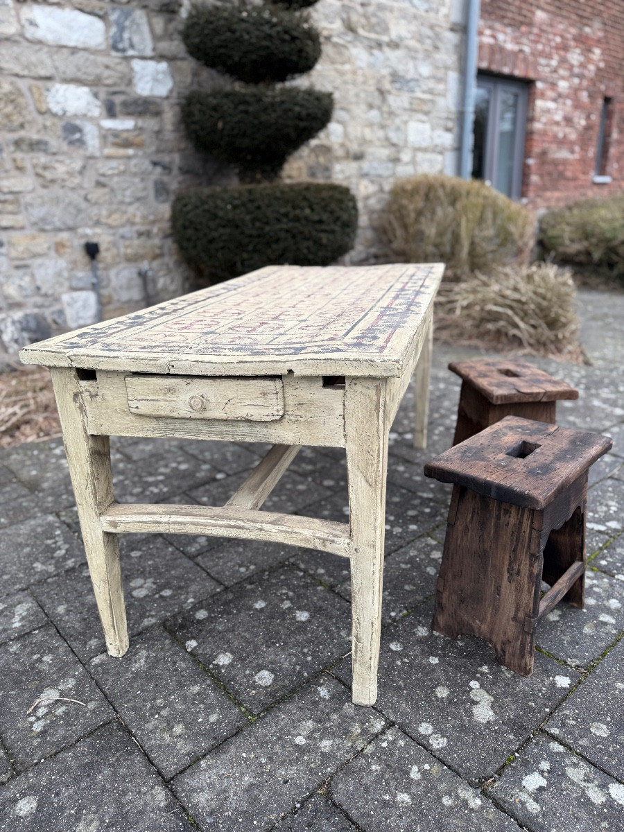 Farmhouse Table With Painted Patterns And Patina 