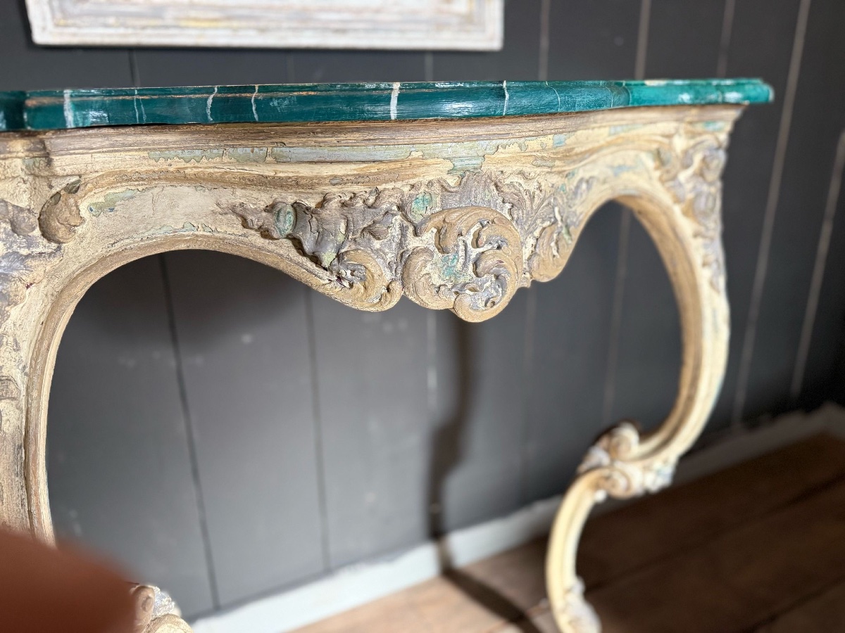 19th Century Carved Console Table With Beautiful Patina, Green Marble-photo-2