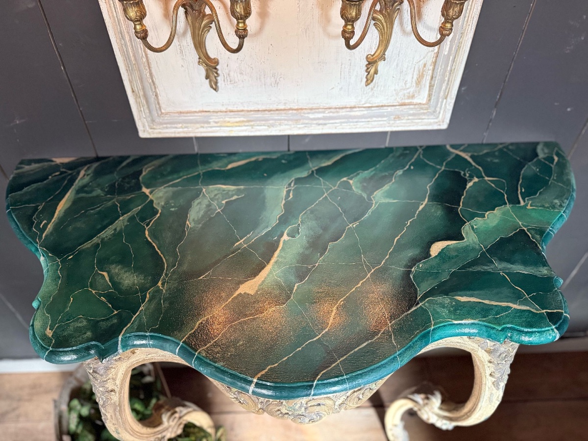 19th Century Carved Console Table With Beautiful Patina, Green Marble-photo-4